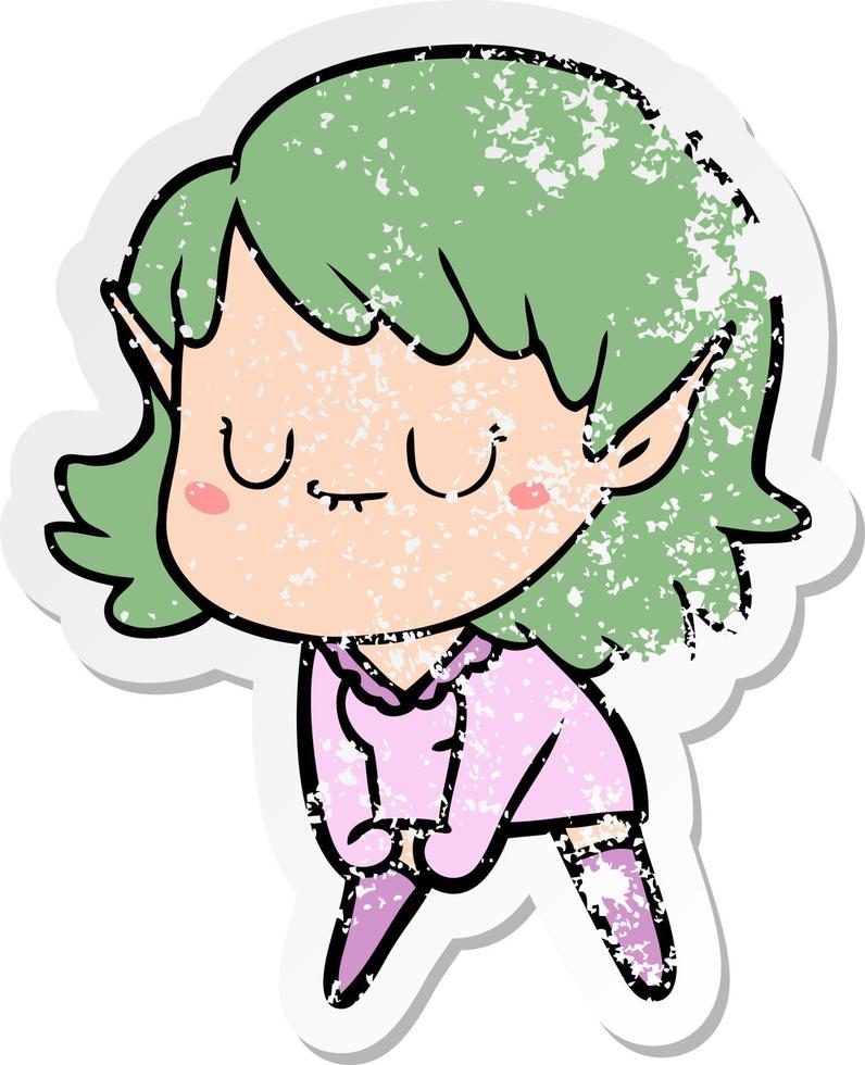 distressed sticker of a happy cartoon elf girl posing vector