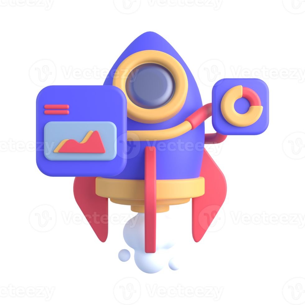 3d illustratie van raket en statistieken png