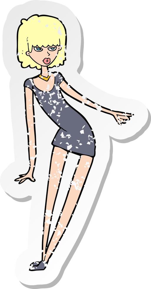 retro distressed sticker of a cartoon woman in dress leaning vector