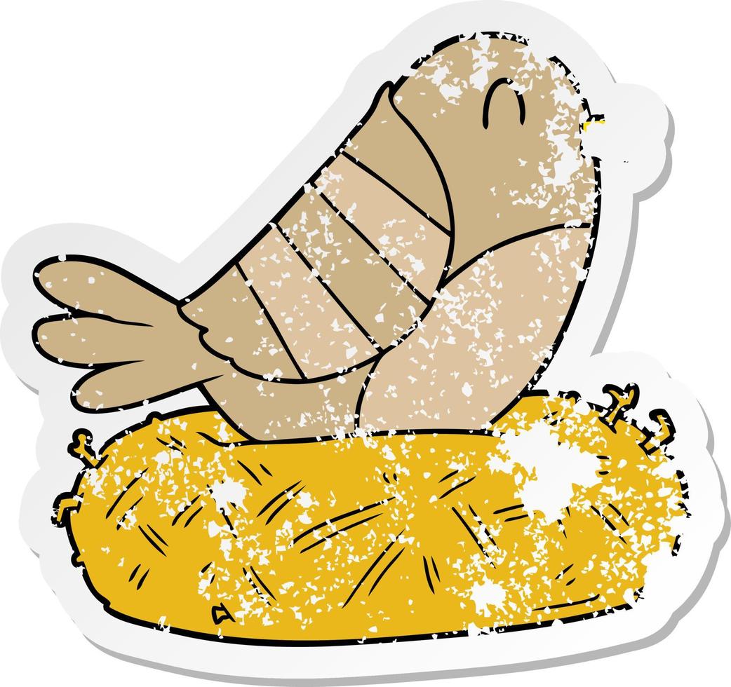 distressed sticker of a cartoon bird sitting on nest vector