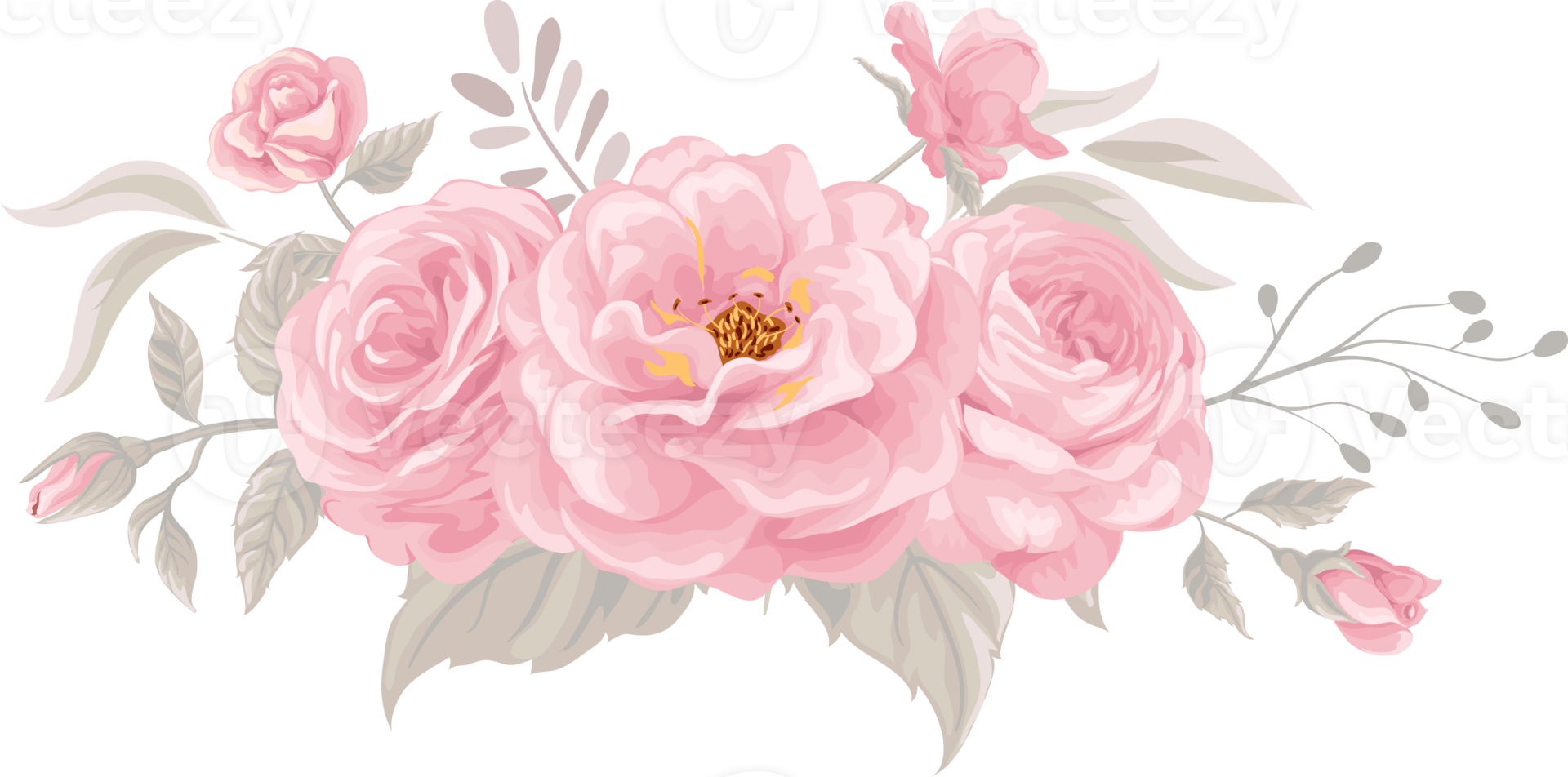 rosa blomma och botaniska blad digital målade png