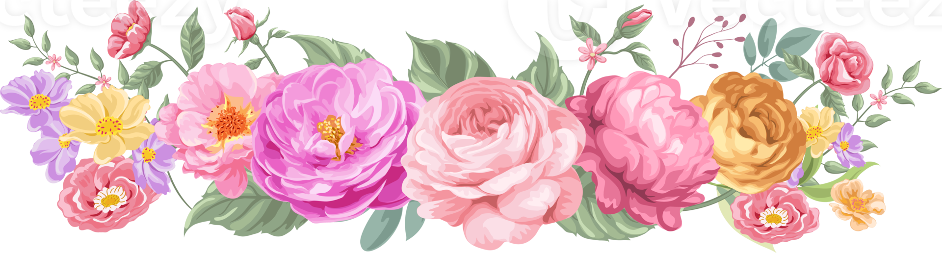 rosa blomma och botaniska blad digital målade png