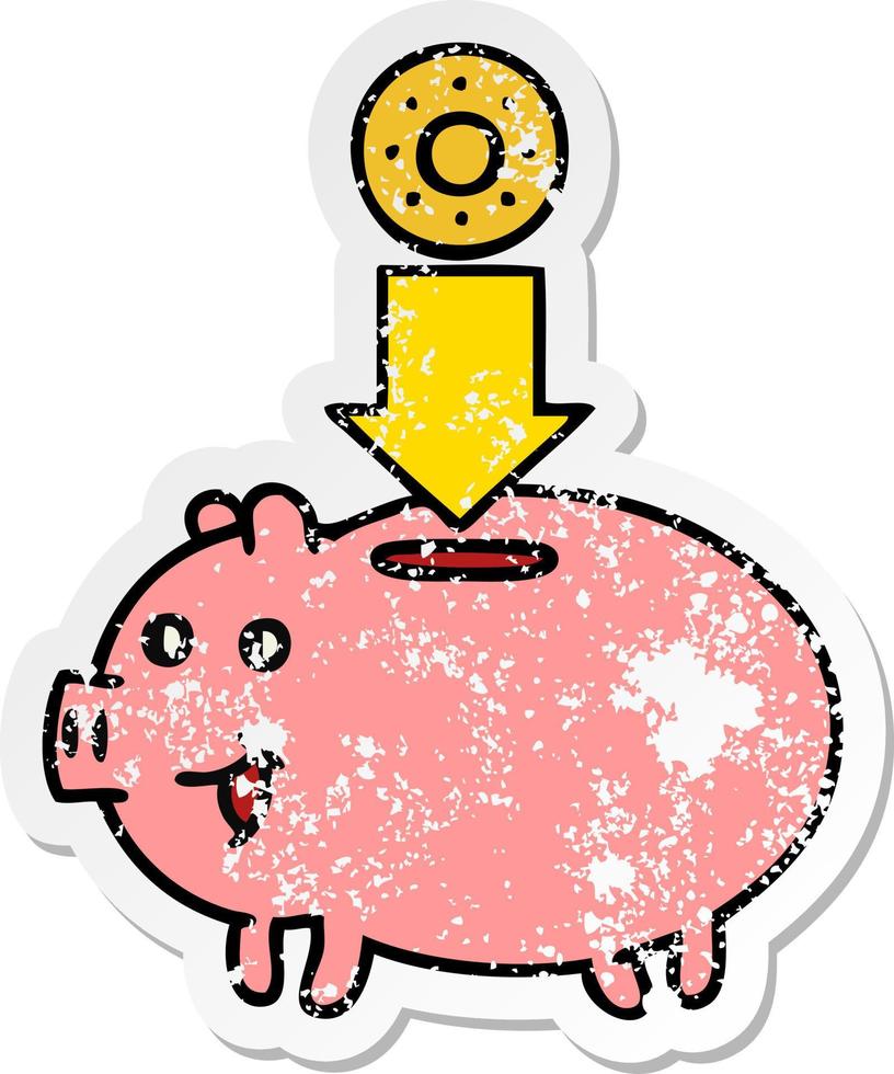 distressed sticker of a cute cartoon piggy bank vector