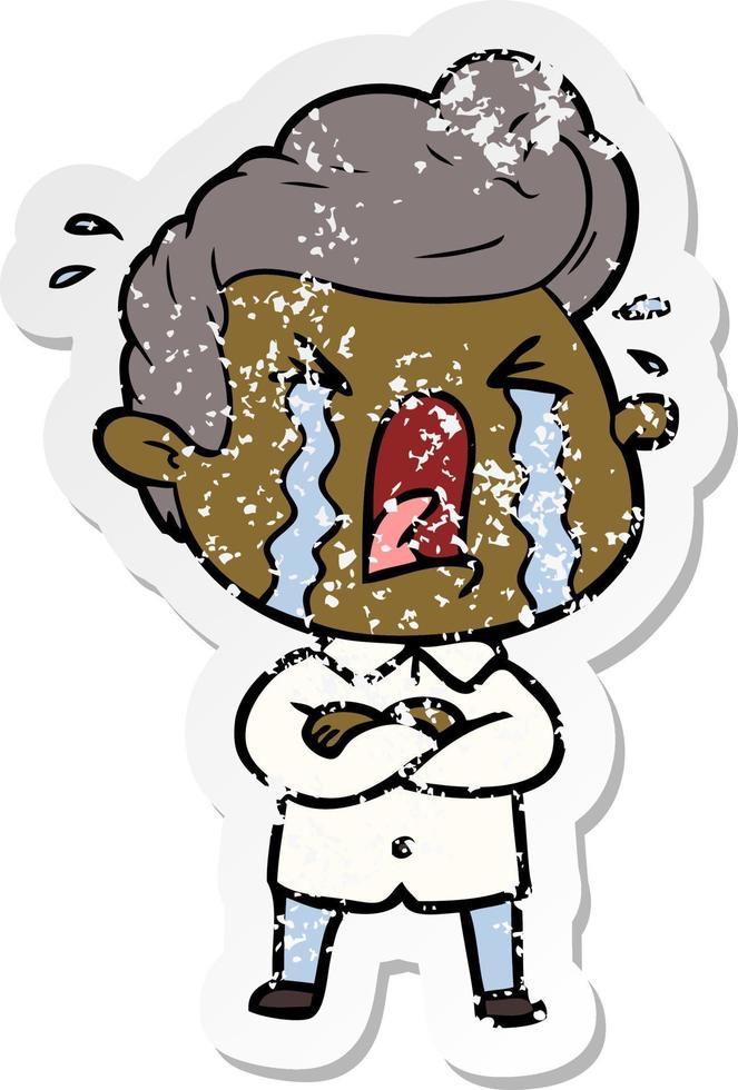 distressed sticker of a cartoon crying man vector