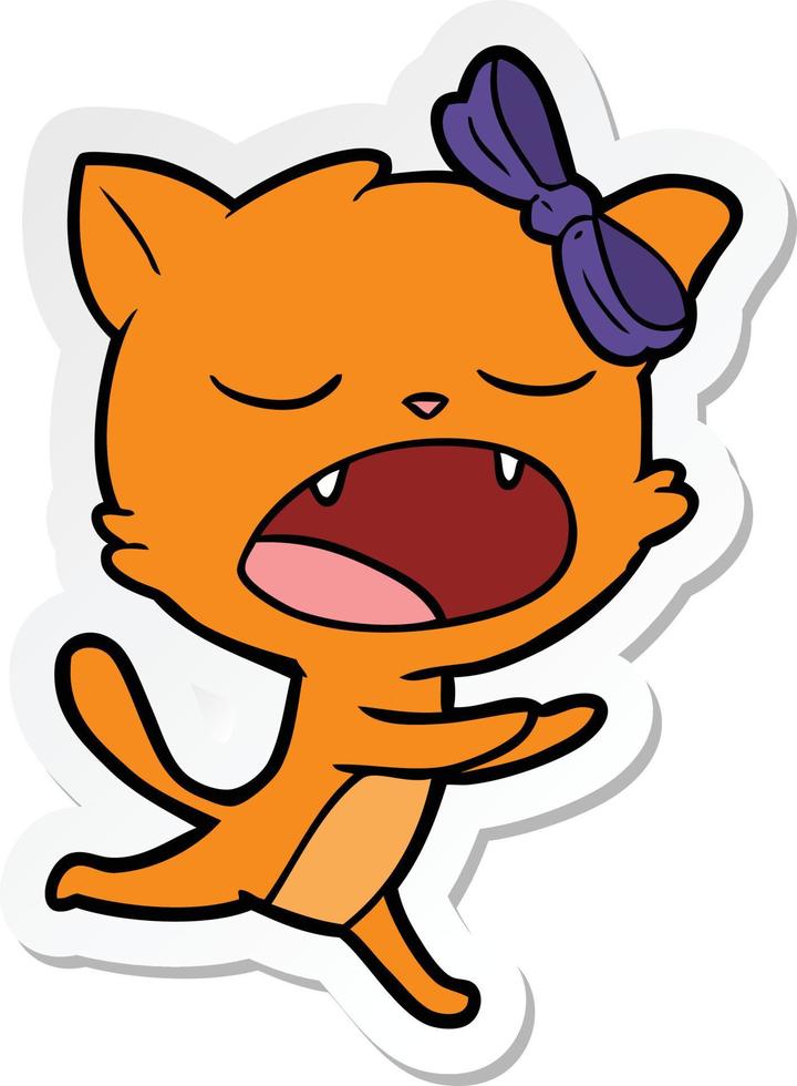 sticker of a cartoon yawning cat vector