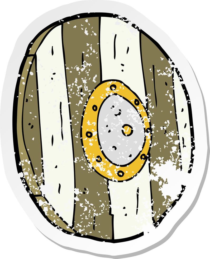 pegatina retro angustiada de un escudo de madera de dibujos animados vector