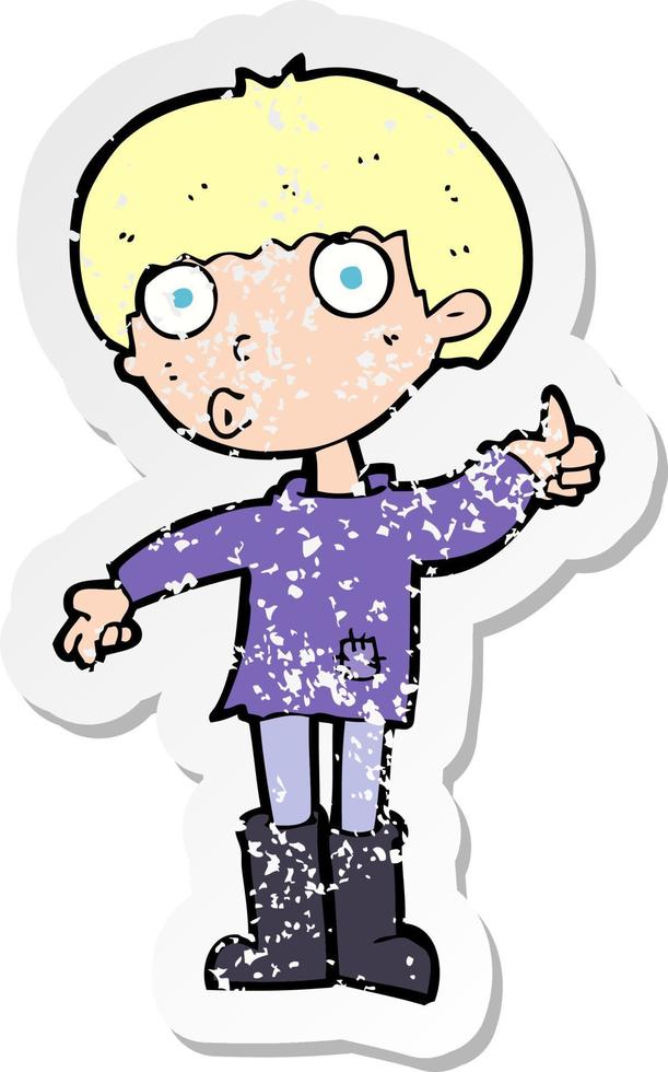 retro distressed sticker of a cartoon boy asking question vector