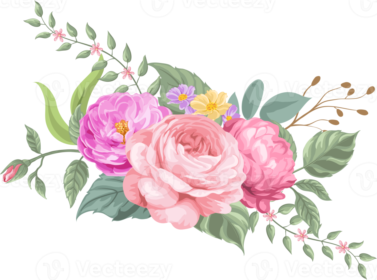 roze bloem en botanisch blad digitaal geschilderd png