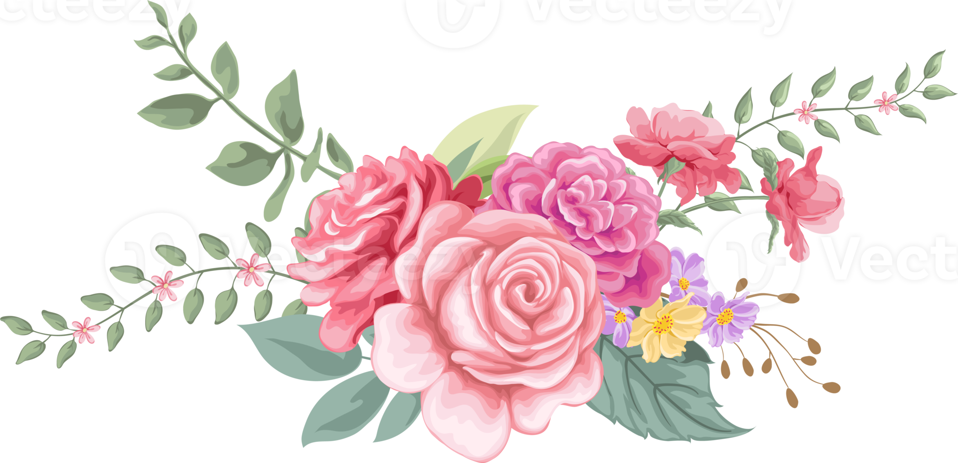 roze bloem en botanisch blad digitaal geschilderd png