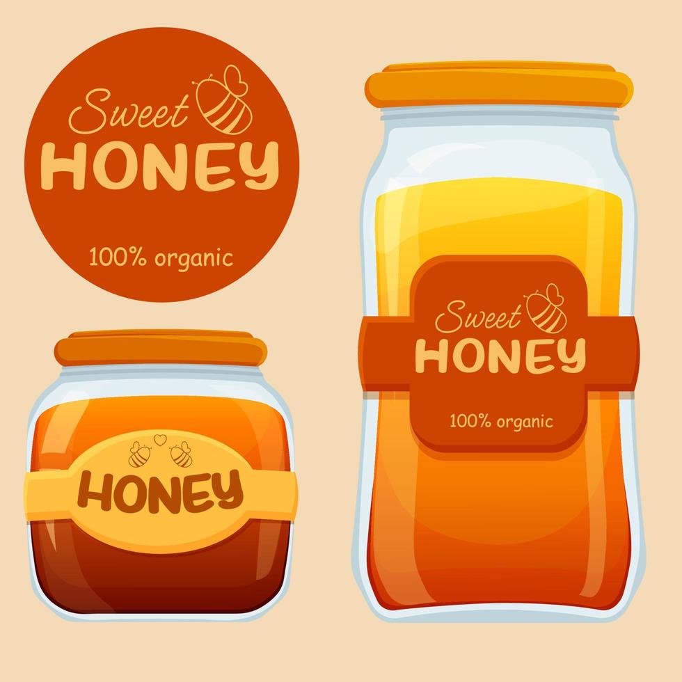 Jars, jugs, pots with honey. Honey of different types. Dark and light honey in jars. Jar with lid with ruffles. Logo for honey packaging vector