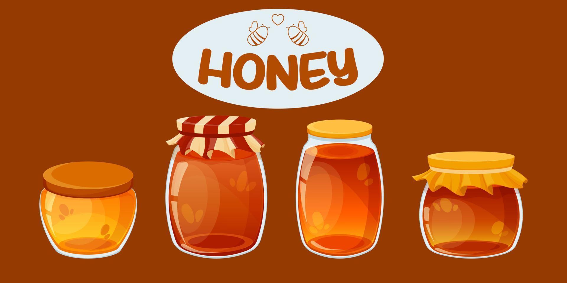 Jars, jugs, pots with honey. Honey of different types. Dark and light honey in jars. Jar with lid with ruffles. Logo for honey packaging vector