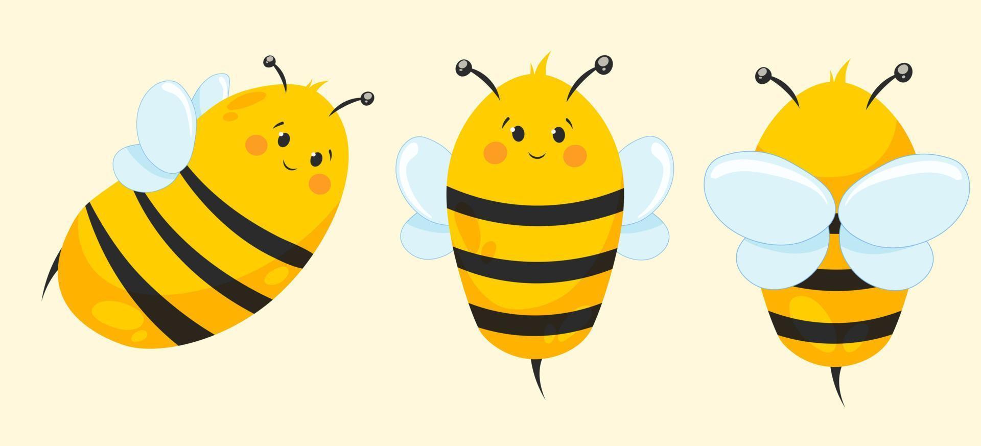 Cartoon cute bee in different angles. Bee, bumblebee for children's goods vector