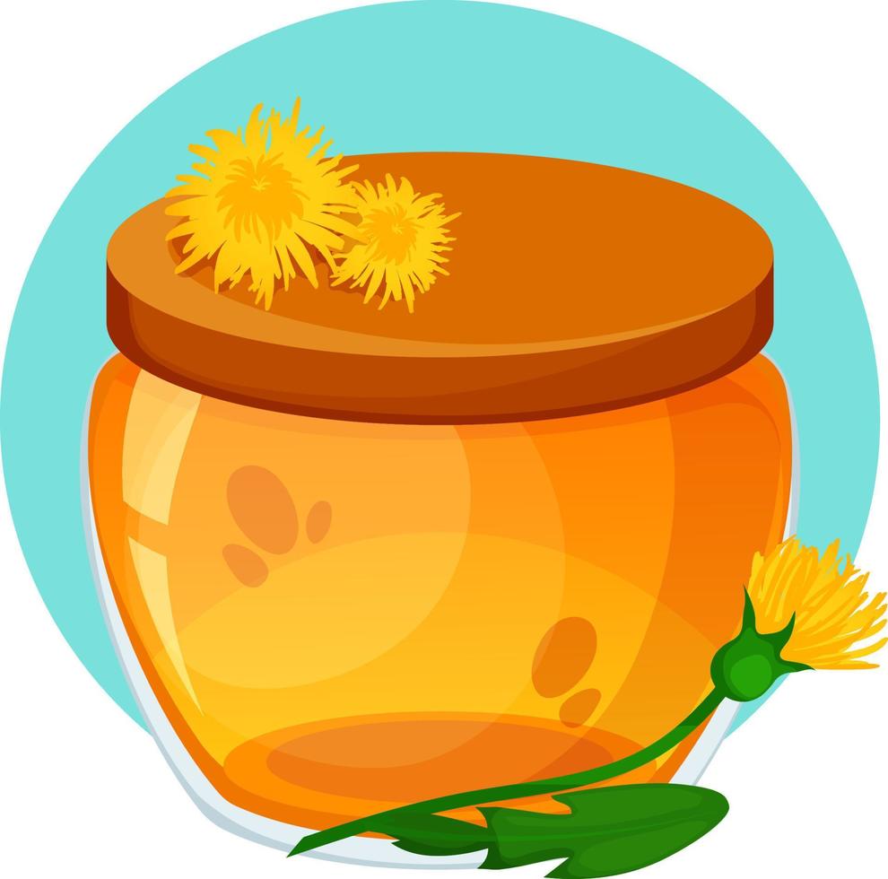 Jar with light honey and dandelion on blue background. Flower honey in pot vector
