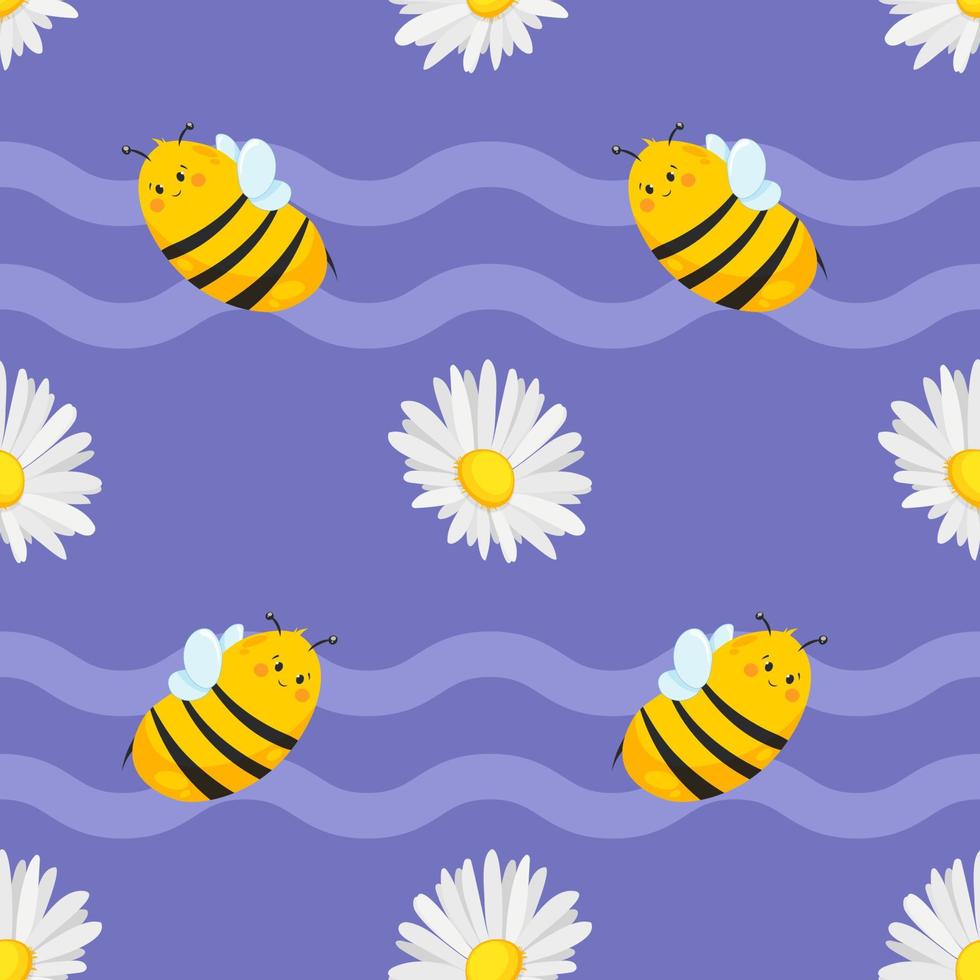 patrón sin costuras con caricatura linda abeja y margaritas. abeja, abejorro para artículos infantiles vector