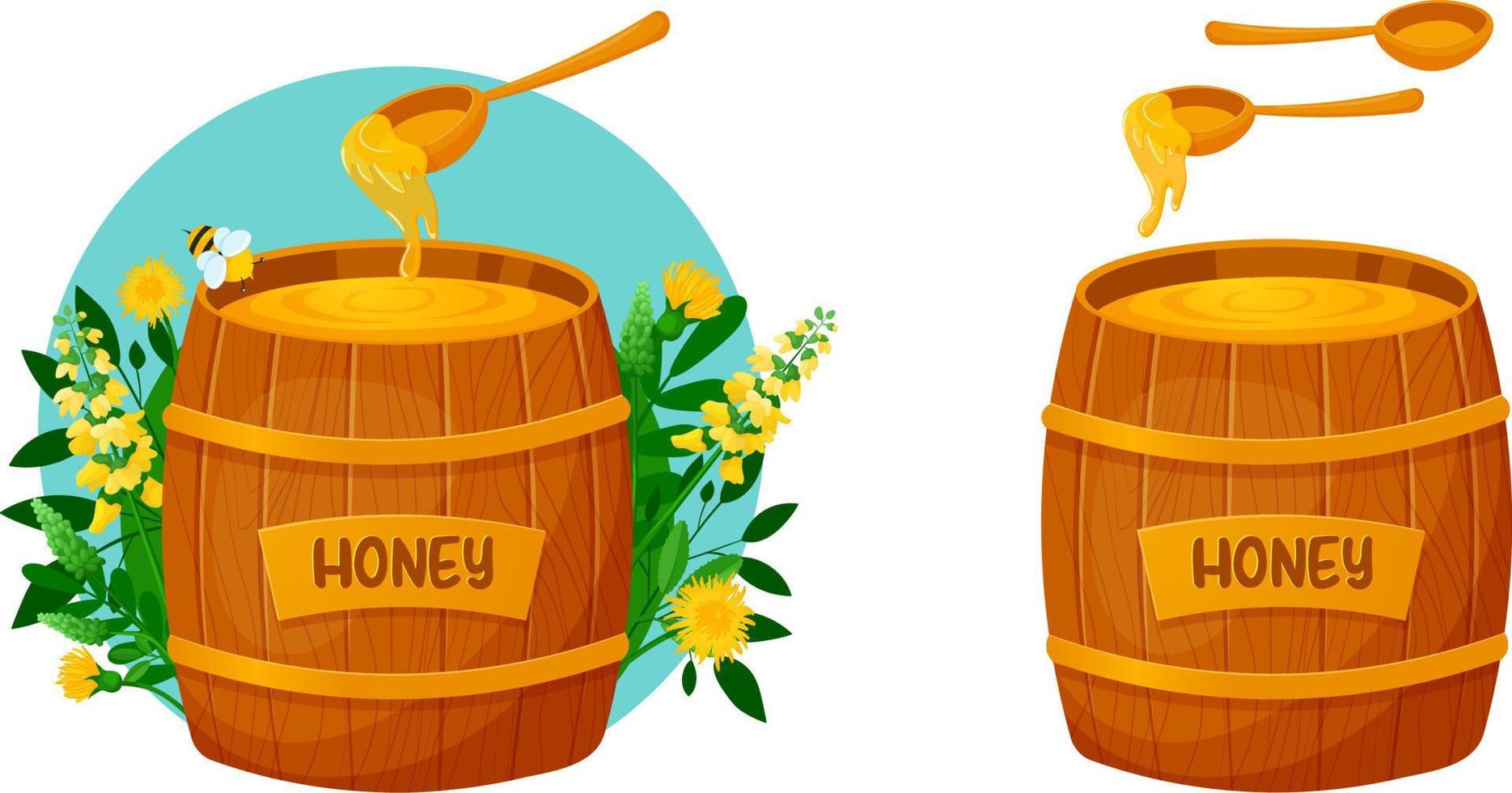 Wooden barrel with honey and spoon on floral background. Cartoon barrel with honey, spoons with honey vector