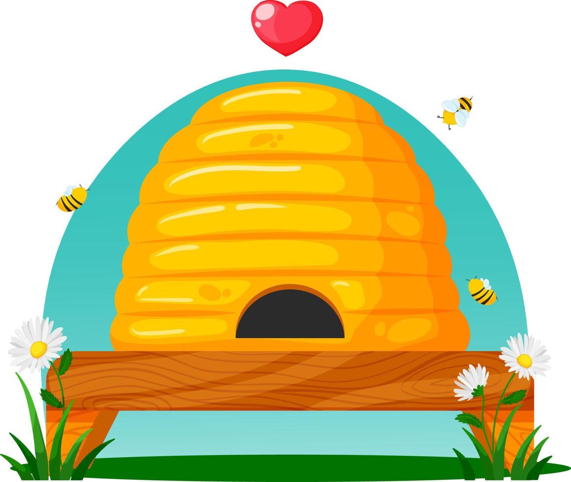 Round cartoon beehive with daisies on a blue background. Beautiful hive with bees and heart. For bee lovers, honey with love vector