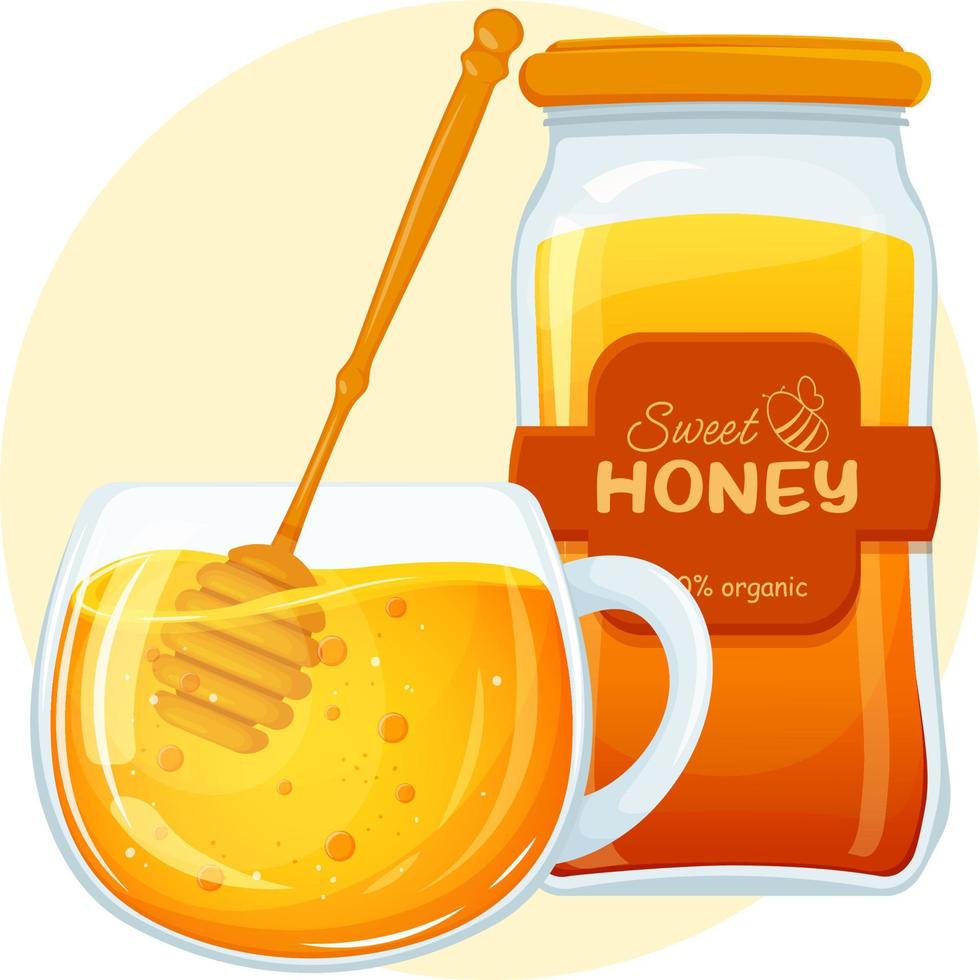 Tea with honey, jar of honey. Cup of tea, spoon and jar of honey. Flower honey with healthy tea vector