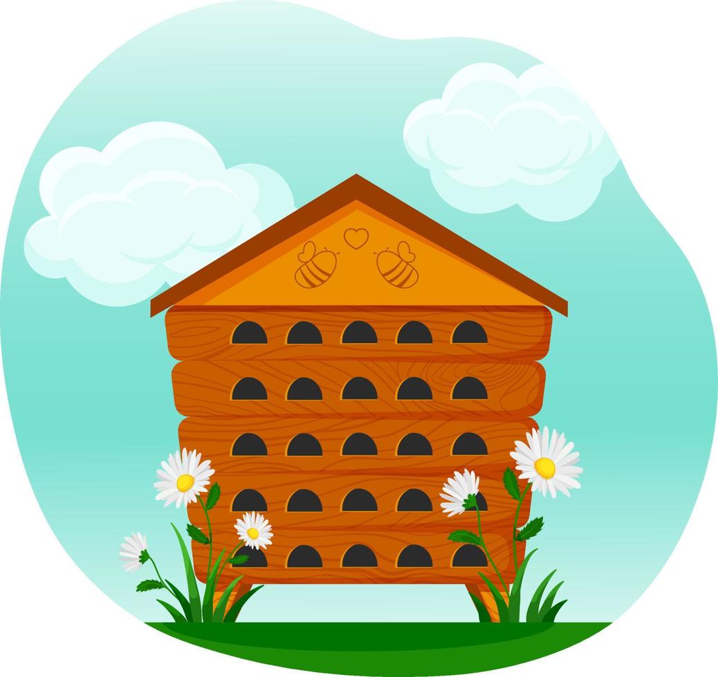 Wooden beehive with daisies against blue sky with clouds. Beautiful hive with love for bees. For bee lovers vector