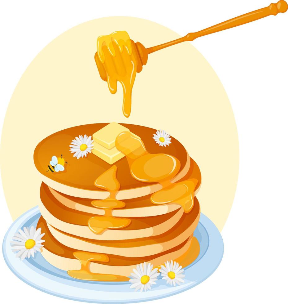 Pancakes with butter and honey, chamomile and bee. Plate with delicious pancakes and a spoon with honey. Honey drips from pancakes vector