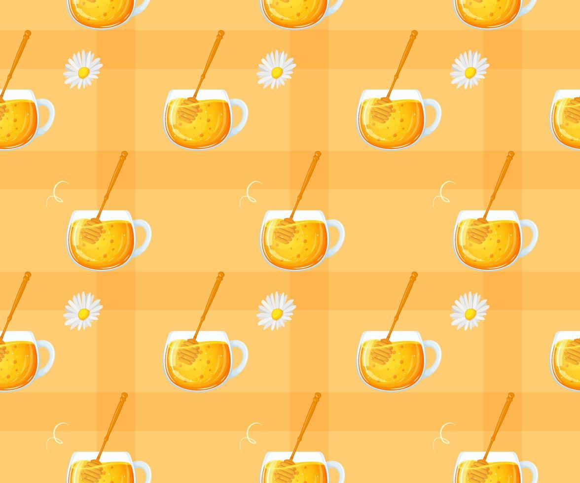 Seamless pattern with tea, chamomile and honey spoon. Pattern for packaging honey products vector