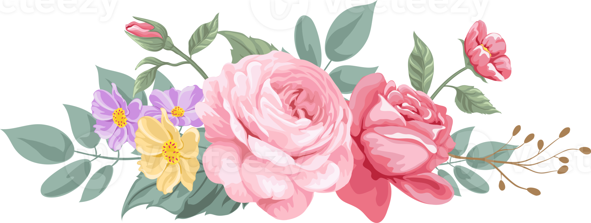 Rose Flower and botanical leaf digital painted png