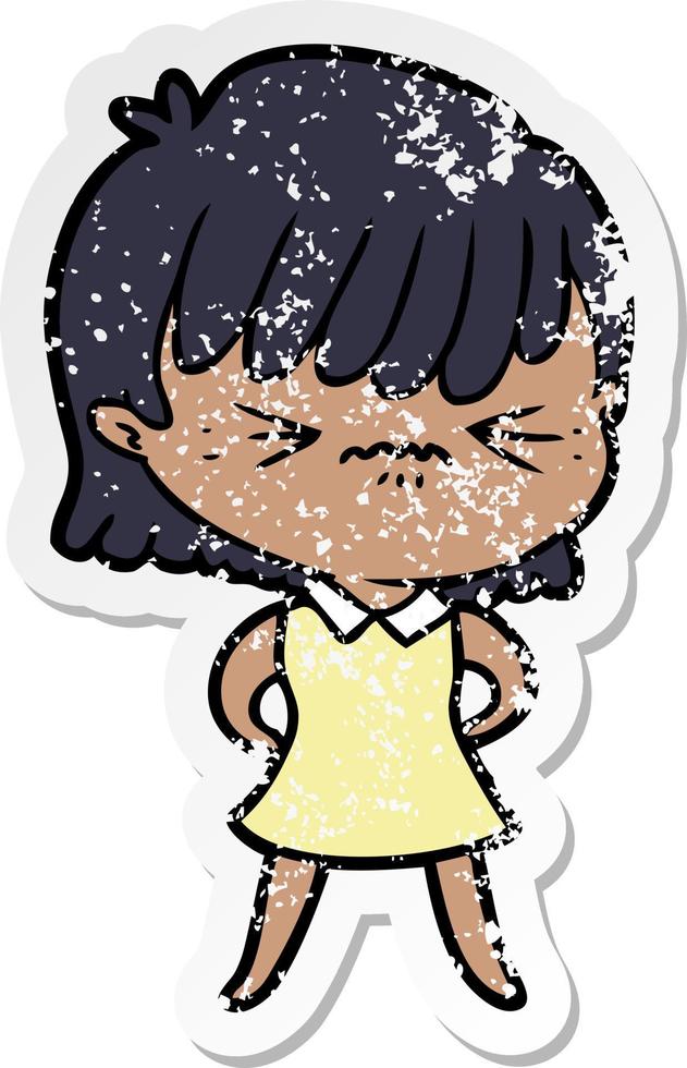 distressed sticker of a annoyed cartoon girl vector