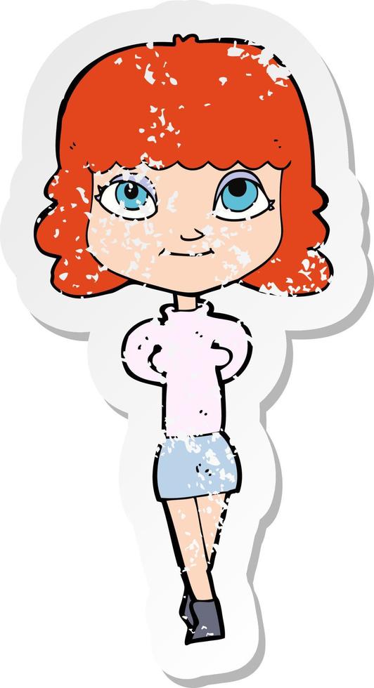 pegatina retro angustiada de una niña feliz de dibujos animados vector