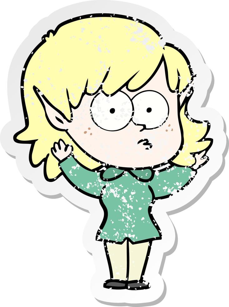 distressed sticker of a cartoon elf girl staring vector