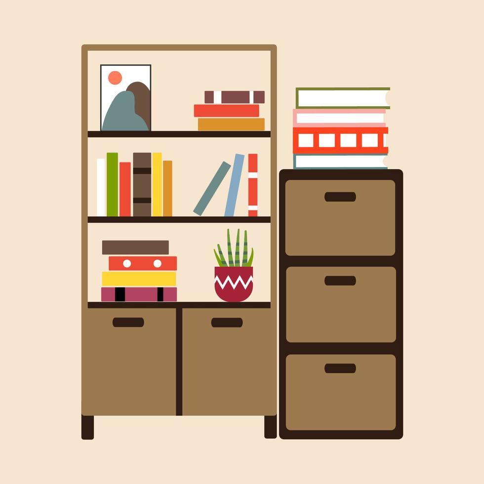 Wooden bookcase with colorful books. The books are laid out on the shelves. Bookstore or library concept. Cartoon vector Illustration.