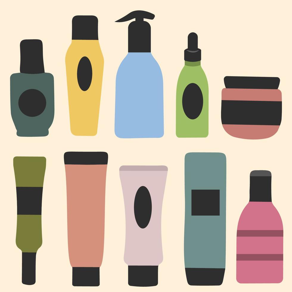 envases cosméticos de diferentes formas para crema, loción, champú, gel, bálsamo, acondicionador, spray. ilustración vectorial de dibujos animados. vector