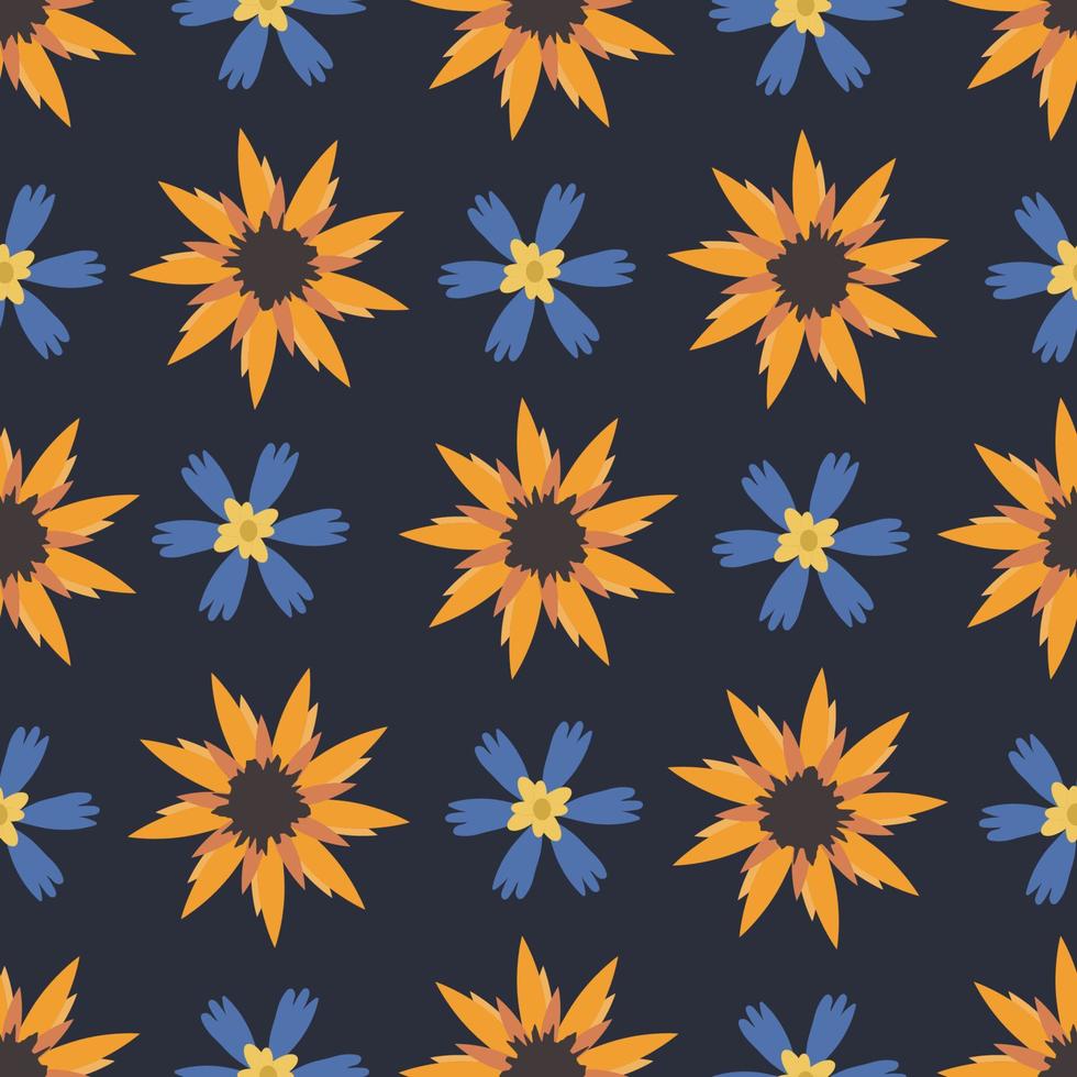 Seamless pattern of wild summer flowers such as cornflower and sunflower. Vector Illustration.