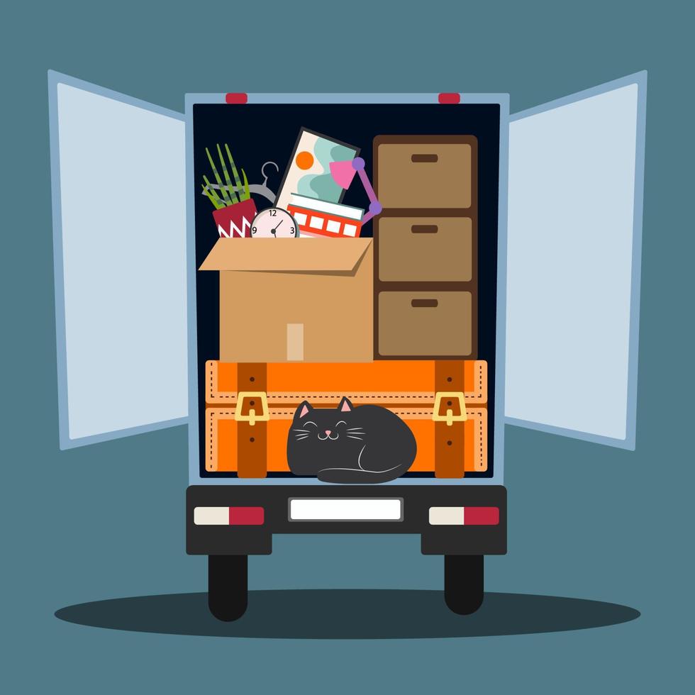 Moving service advertisement. Items are packed in a box and stacked in a truck. Cartoon vector Illustration.