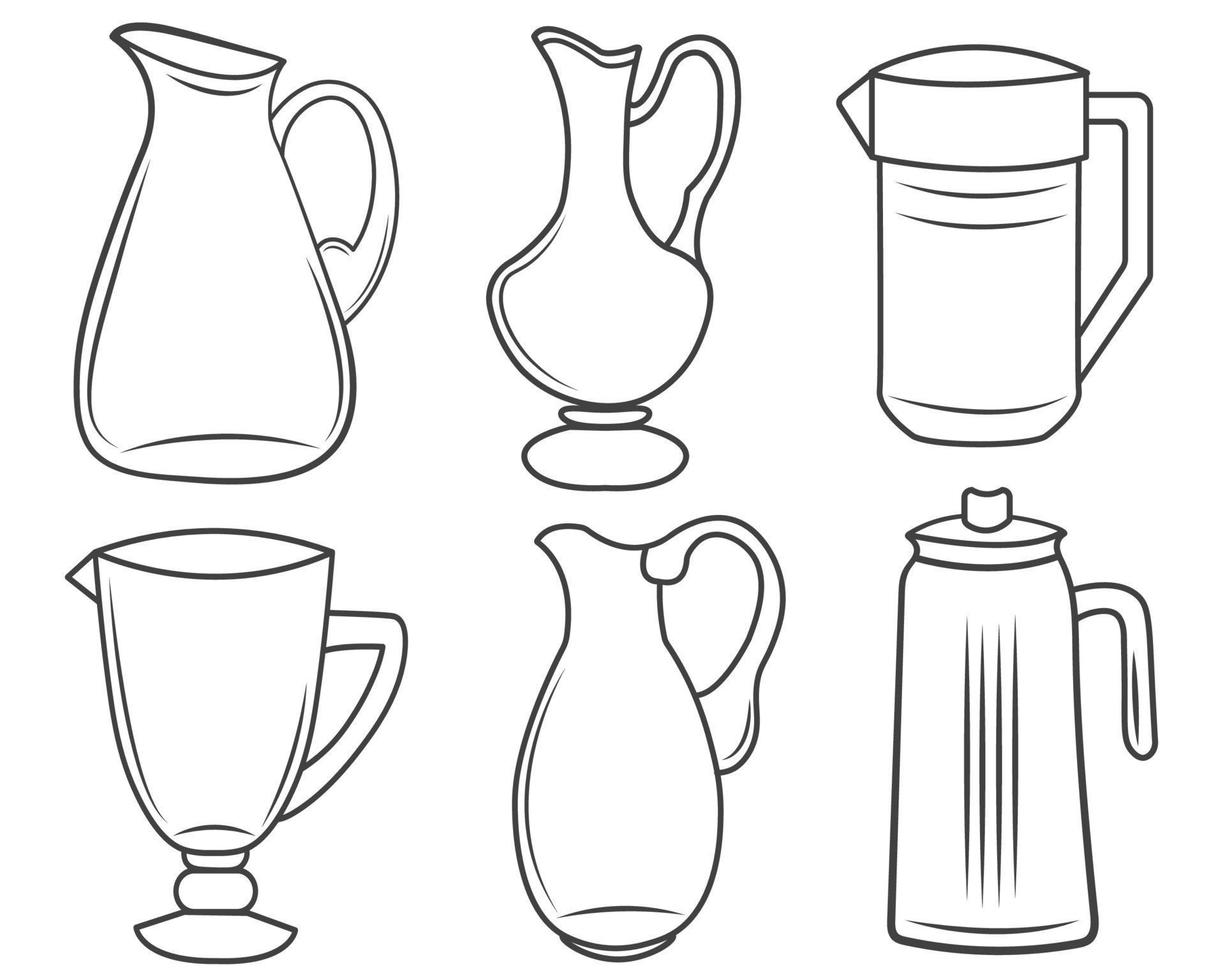 Jugs outline icons isolated on white background. Monochrome vector Illustration.