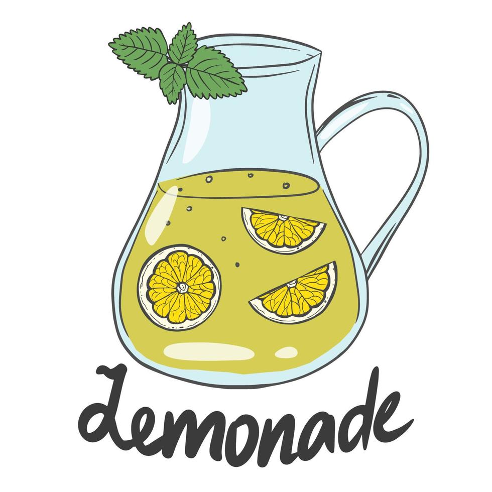 Jug with lemonade. Summer homemade cold drink. Hand drawn vector illustration.