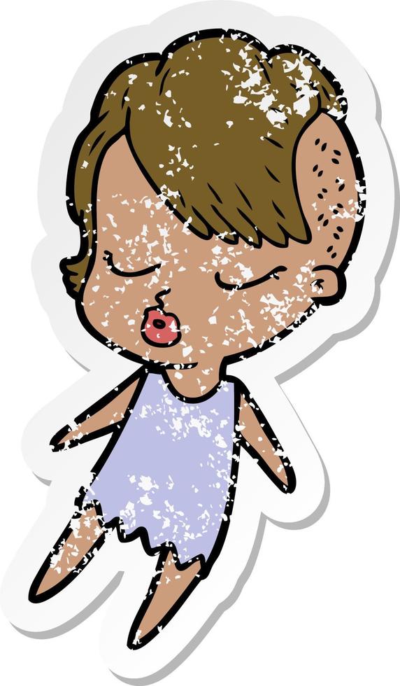 distressed sticker of a cartoon pretty hipster girl vector