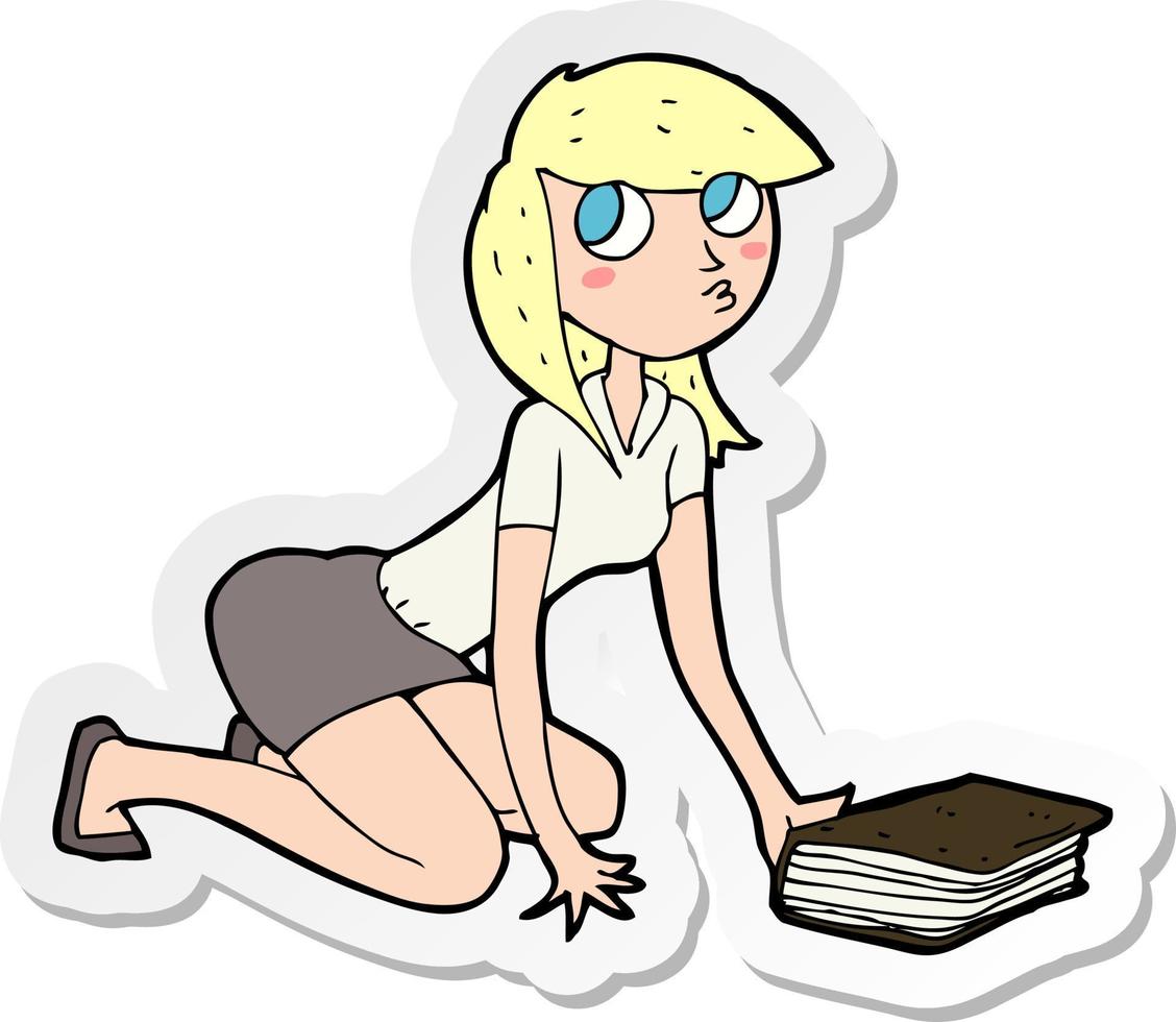 sticker of a cartoon girl picking up book vector
