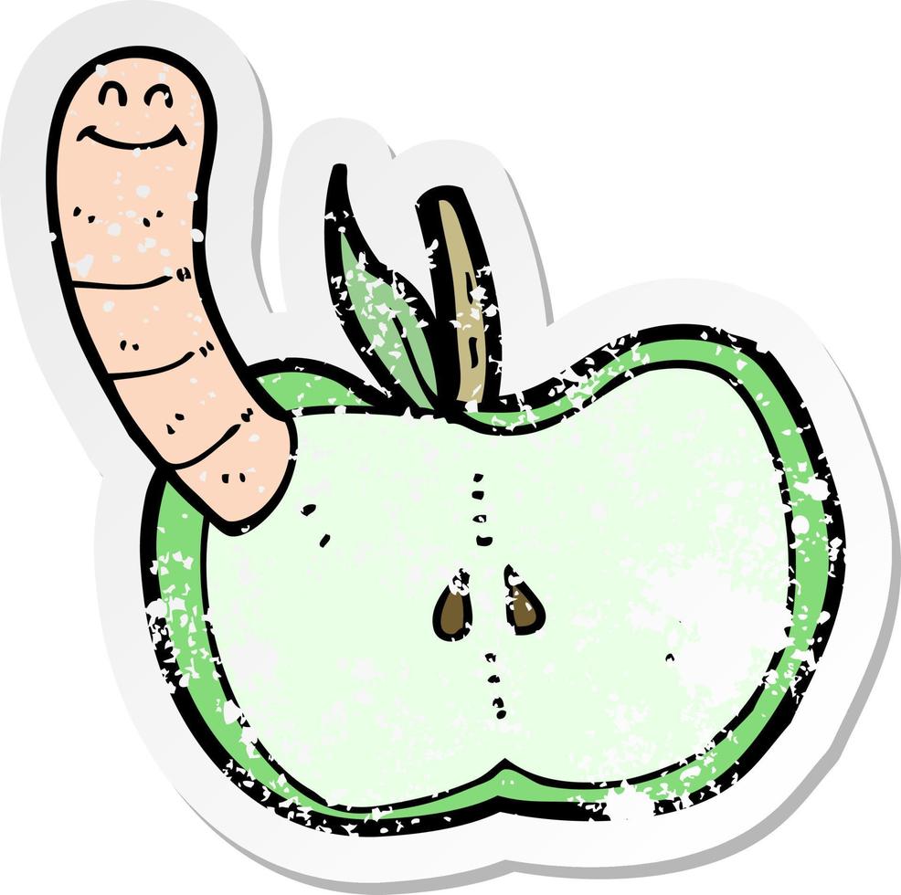 retro distressed sticker of a cartoon apple with worm vector