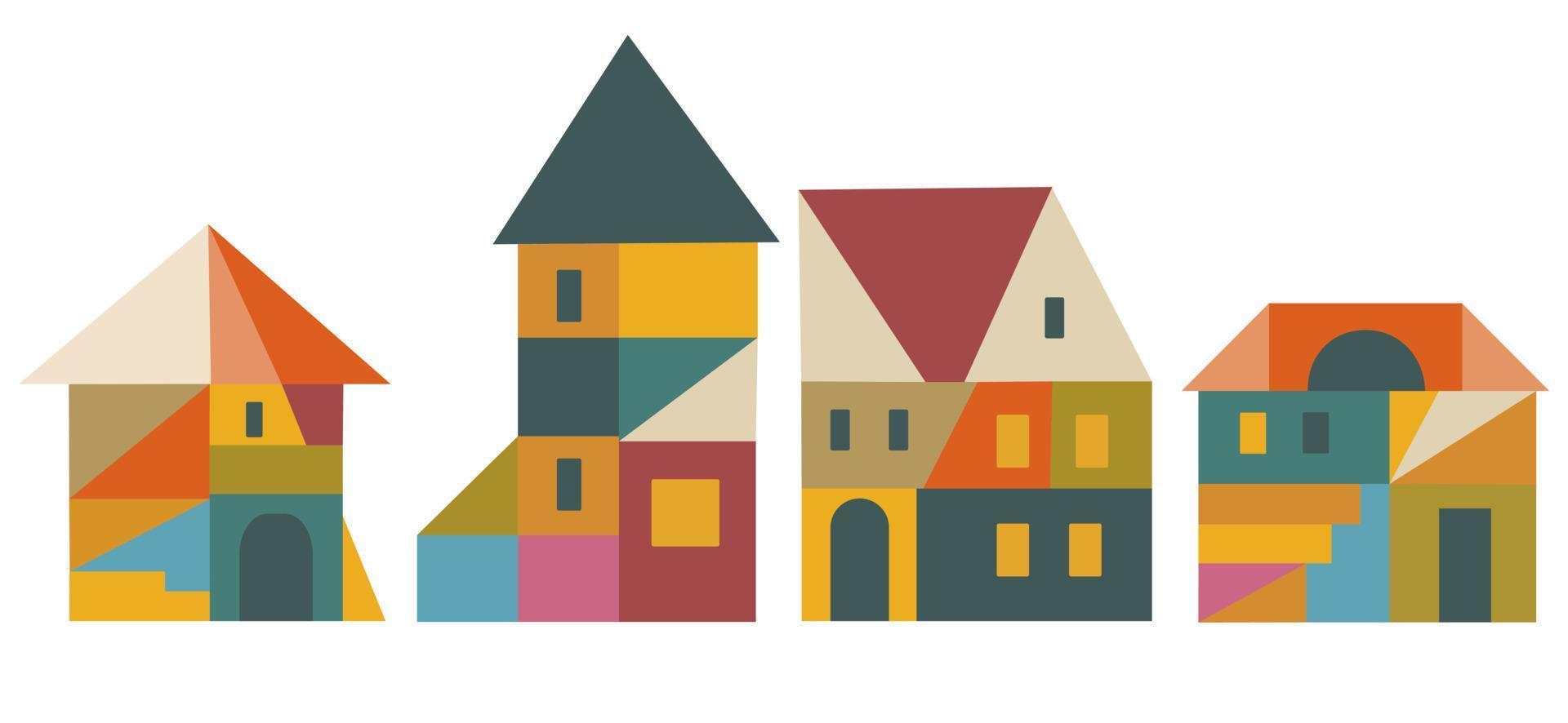 Various abstract houses in geometric style.  Hand drawn illustration. vector