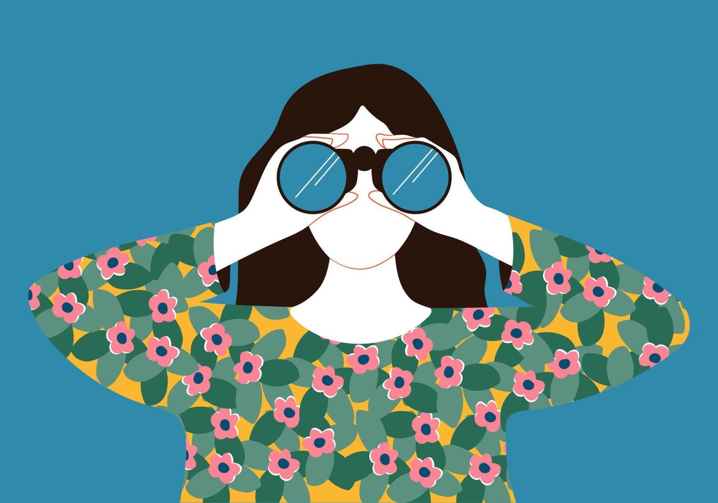 Woman looking through binoculars. Hand drawn illustation in cartoon flat style. vector