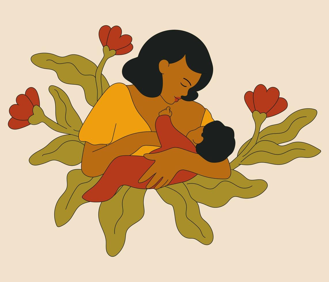 Mother nursing a baby. Hand drawn illustration in cartoon flat style vector