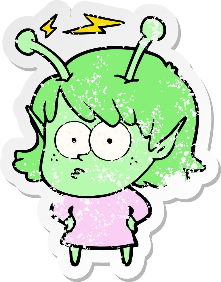 distressed sticker of a cartoon alien girl vector