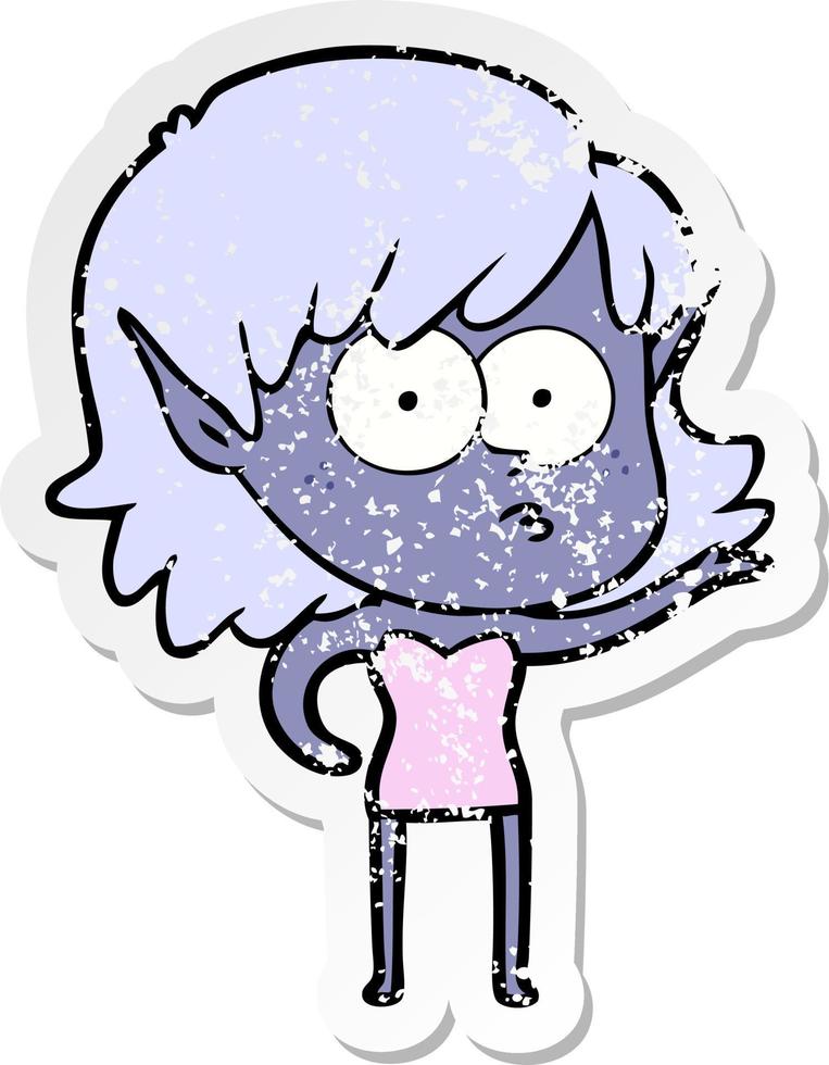 distressed sticker of a cartoon shocked elf girl vector