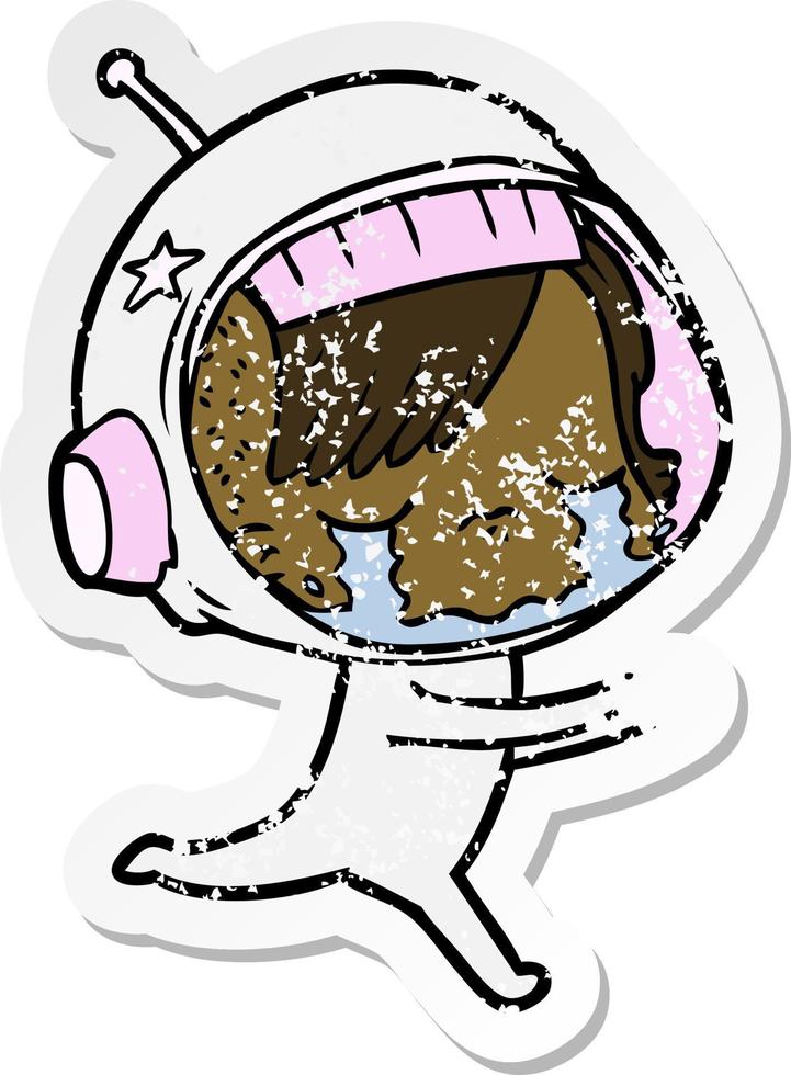 distressed sticker of a cartoon crying astronaut girl vector