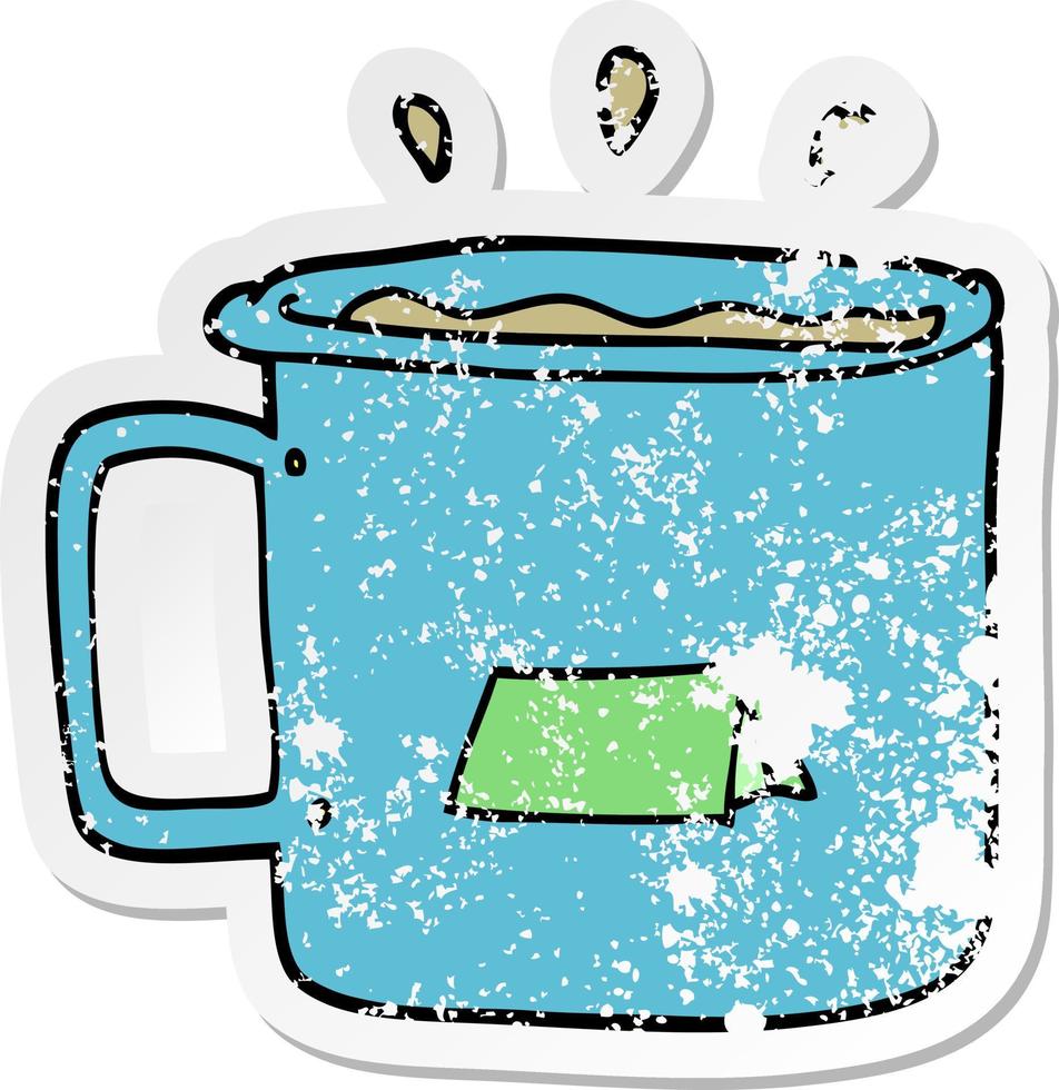 distressed sticker of a cartoon camping mug vector