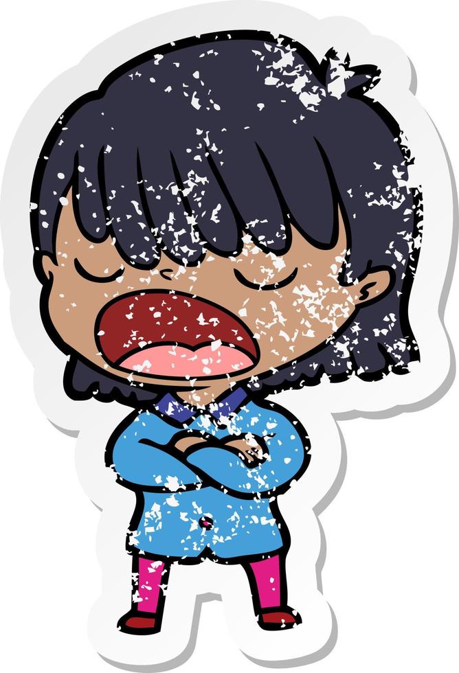 distressed sticker of a cartoon woman talking loudly vector
