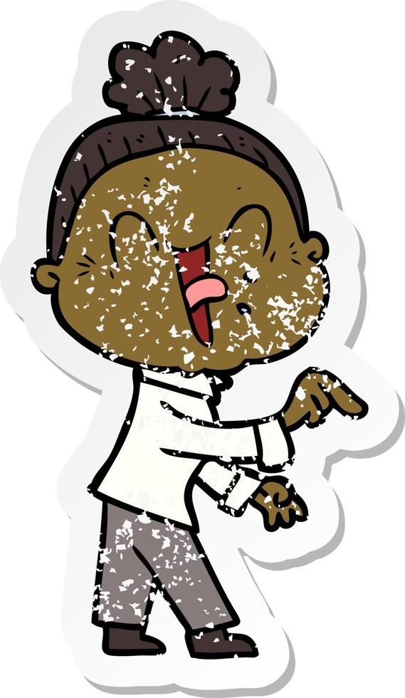 distressed sticker of a cartoon happy old woman vector