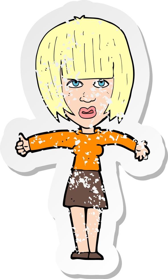 retro distressed sticker of a cartoon annoyed woman vector