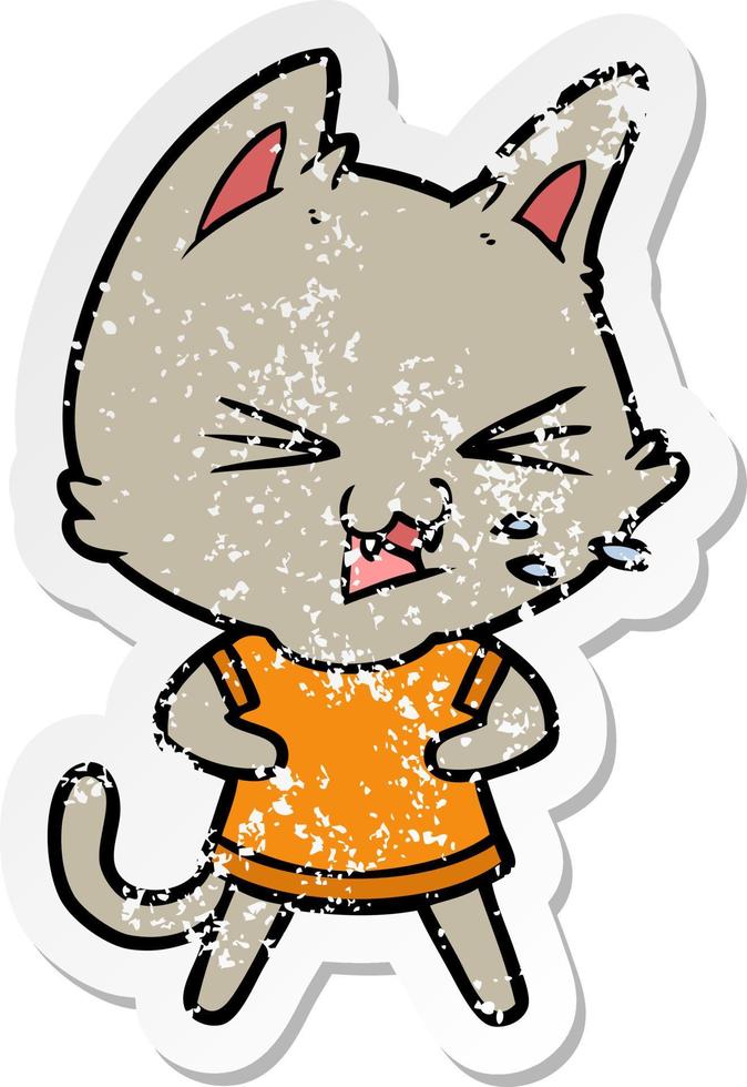 distressed sticker of a cartoon cat hissing vector