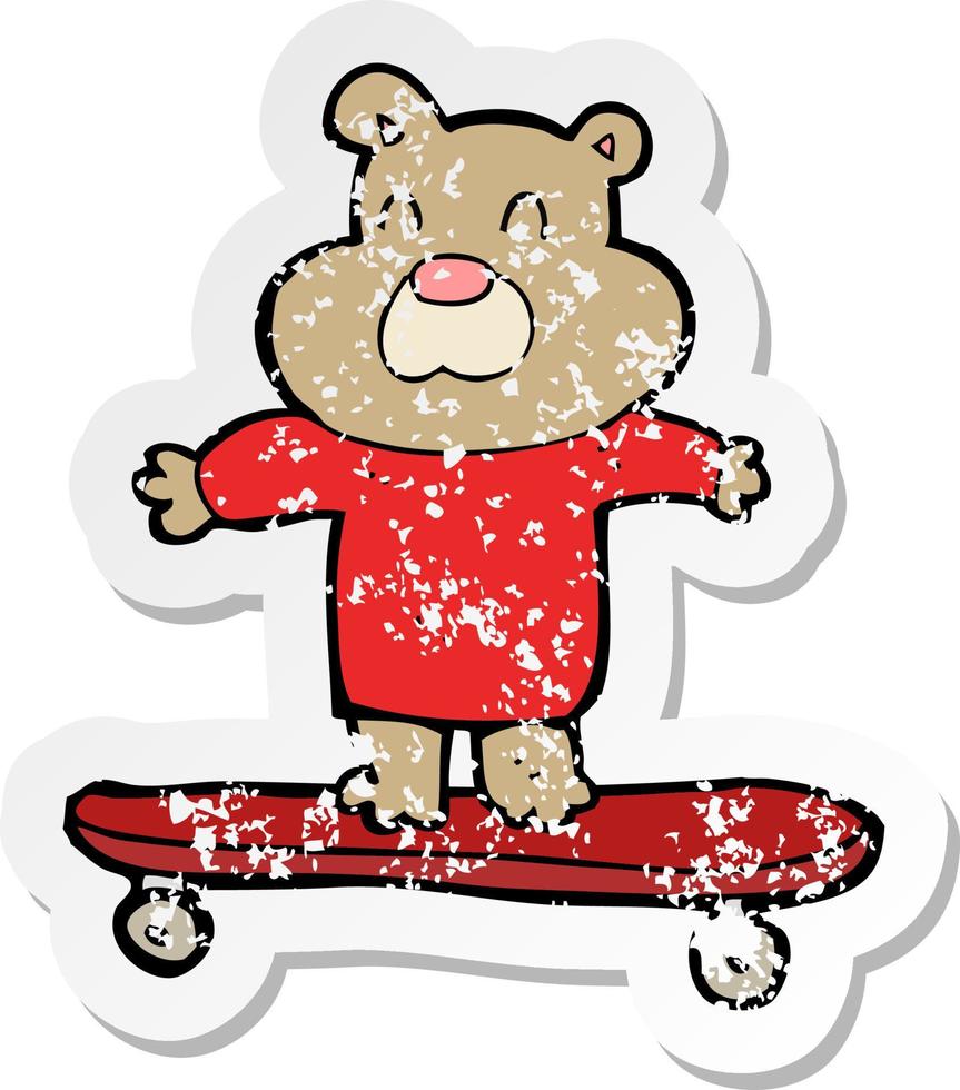 retro distressed sticker of a cartoon bear on skateboard vector