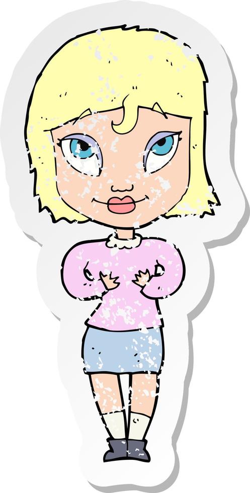 retro distressed sticker of a cartoon woman gesturing at self vector